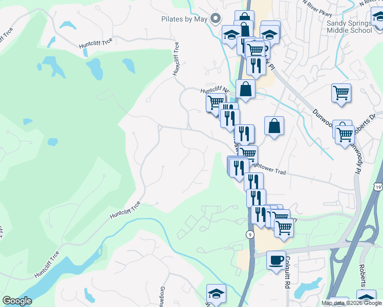 map of restaurants, bars, coffee shops, grocery stores, and more near 8500 Valemont Drive in Atlanta
