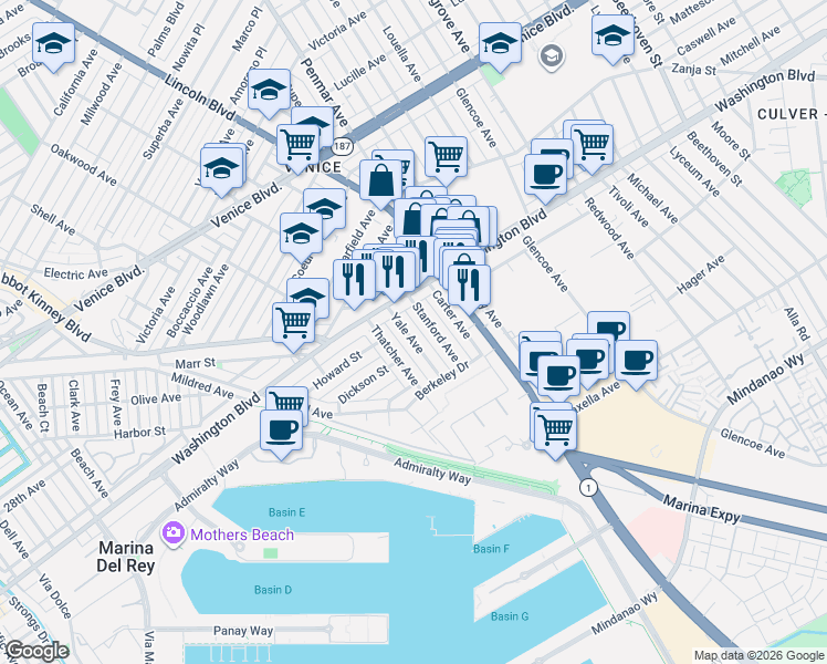 map of restaurants, bars, coffee shops, grocery stores, and more near 3012 Yale Avenue in Los Angeles