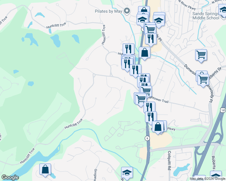 map of restaurants, bars, coffee shops, grocery stores, and more near 8500 Valemont Drive in Atlanta