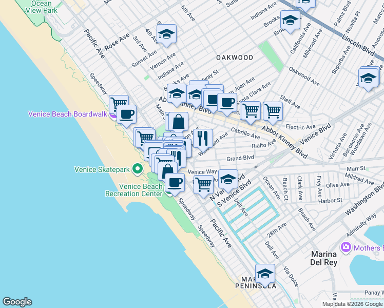 map of restaurants, bars, coffee shops, grocery stores, and more near 209 Windward Ave in Venice