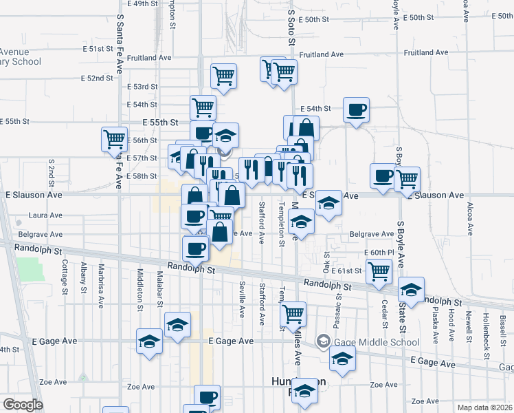 map of restaurants, bars, coffee shops, grocery stores, and more near 5915 Stafford Avenue in Huntington Park