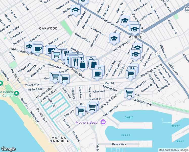 map of restaurants, bars, coffee shops, grocery stores, and more near 513 Victoria Avenue in Los Angeles