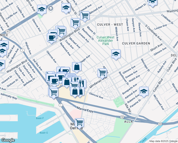 map of restaurants, bars, coffee shops, grocery stores, and more near 13150 Maxella Avenue in Marina del Rey