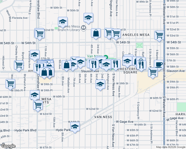 map of restaurants, bars, coffee shops, grocery stores, and more near 5818 4th Avenue in Los Angeles
