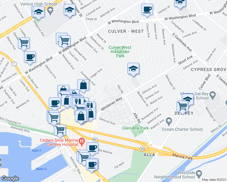 map of restaurants, bars, coffee shops, grocery stores, and more near 13072 Maxella Avenue in Marina del Rey