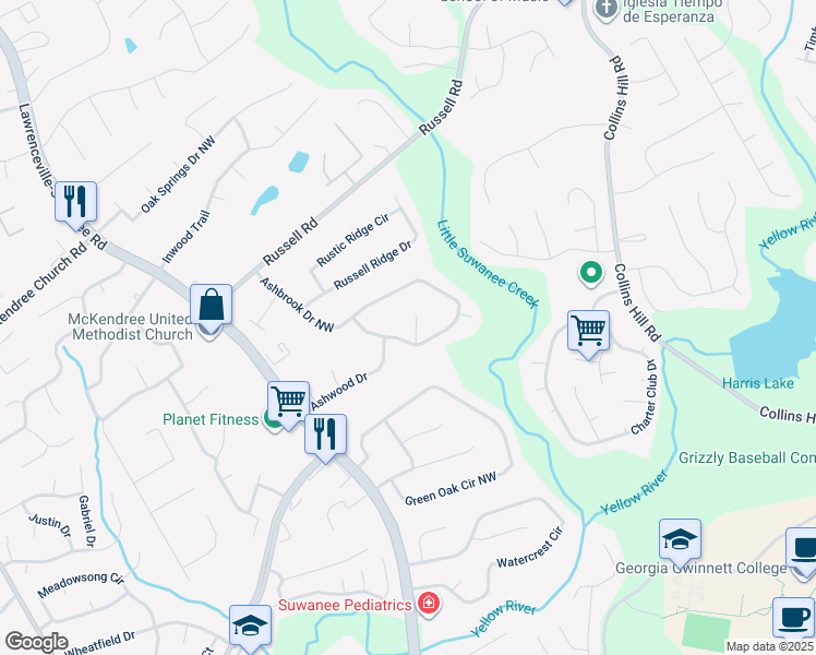 map of restaurants, bars, coffee shops, grocery stores, and more near 1436 Sage Brook Court in Lawrenceville