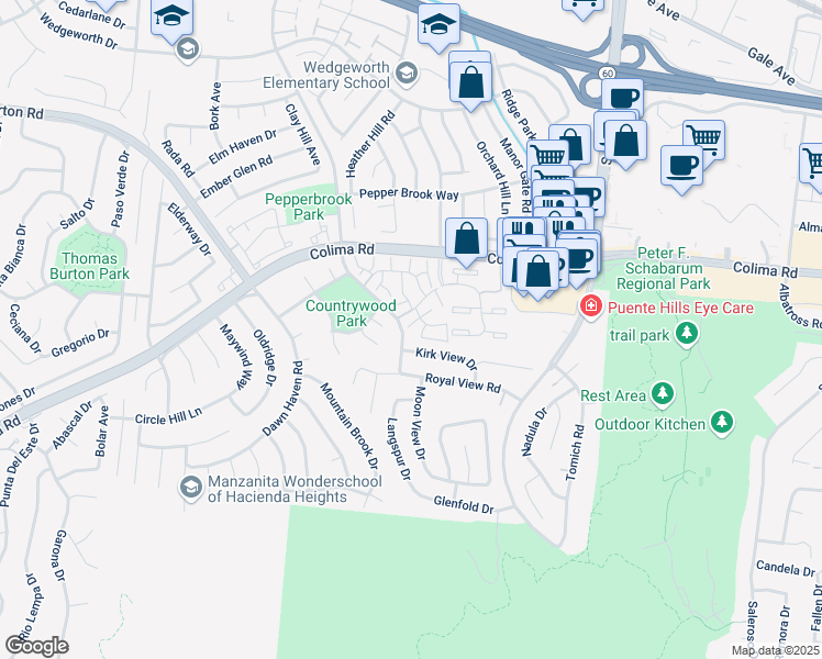 map of restaurants, bars, coffee shops, grocery stores, and more near 16928 Colchester Way in Hacienda Heights