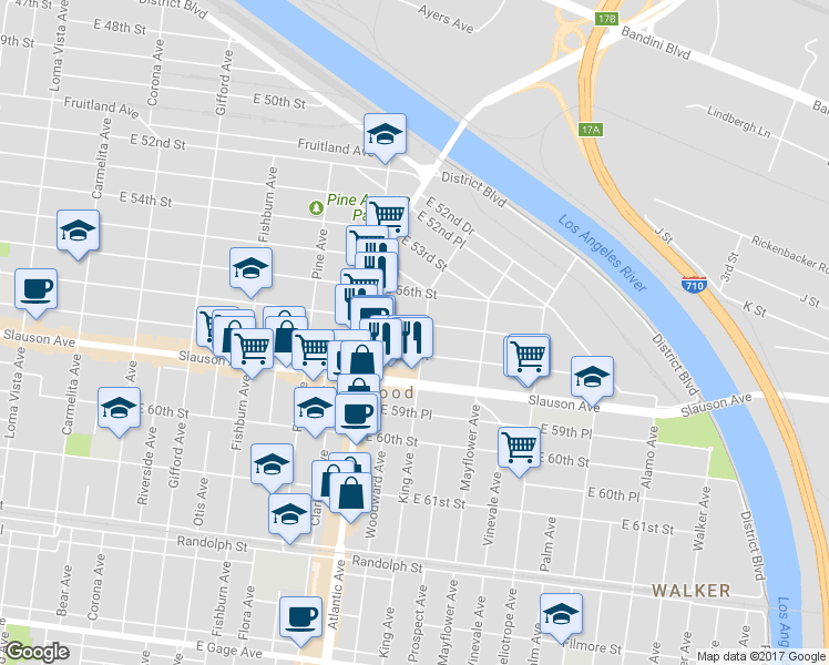 map of restaurants, bars, coffee shops, grocery stores, and more near 4548 East 57th Street in Maywood