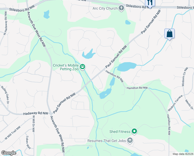 map of restaurants, bars, coffee shops, grocery stores, and more near 3853 Paul Samuel Road Northwest in Kennesaw