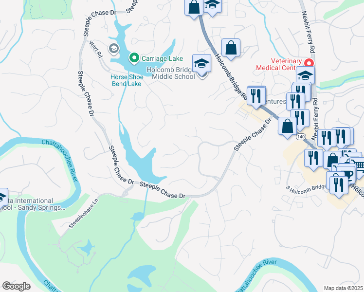 map of restaurants, bars, coffee shops, grocery stores, and more near 2560 Whisper Wind Court in Roswell
