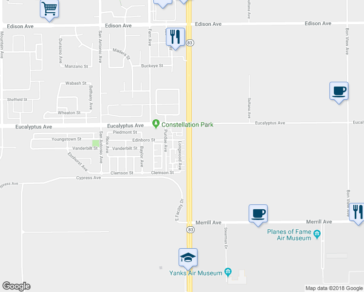 map of restaurants, bars, coffee shops, grocery stores, and more near 14551 Longwood Avenue in Chino