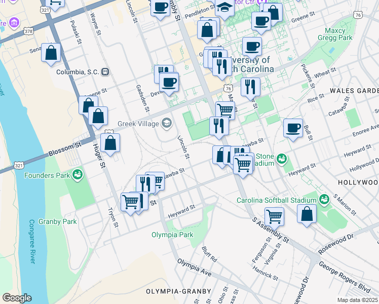 map of restaurants, bars, coffee shops, grocery stores, and more near 318 Lincoln Street in Columbia