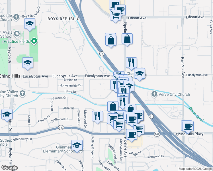 map of restaurants, bars, coffee shops, grocery stores, and more near 3975 Zion Court in Chino
