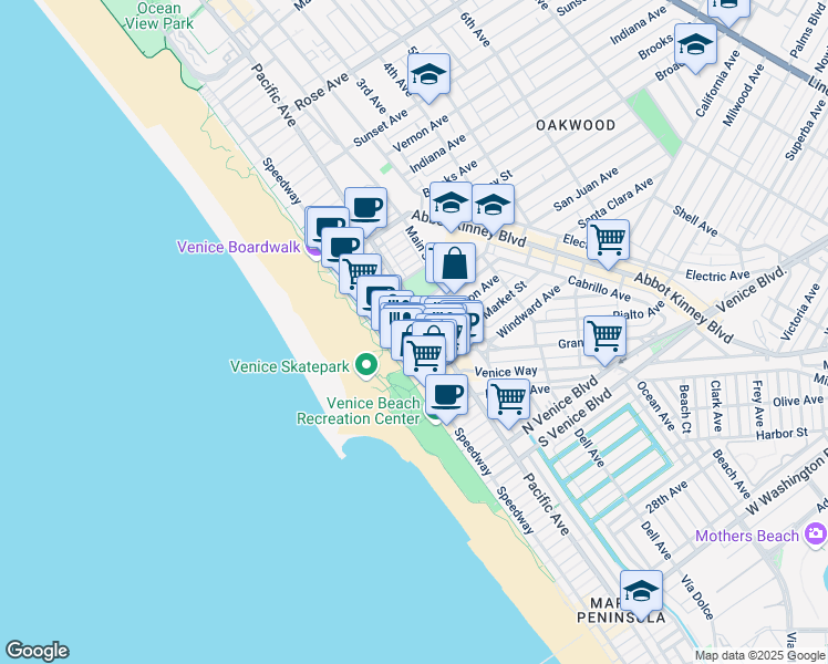 map of restaurants, bars, coffee shops, grocery stores, and more near 85 Market Street in Los Angeles