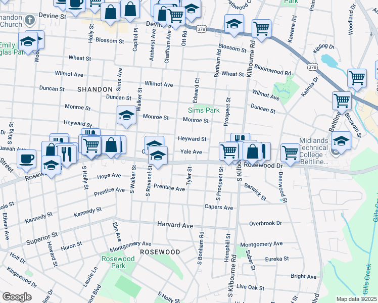 map of restaurants, bars, coffee shops, grocery stores, and more near 3422 Yale Ave in Columbia