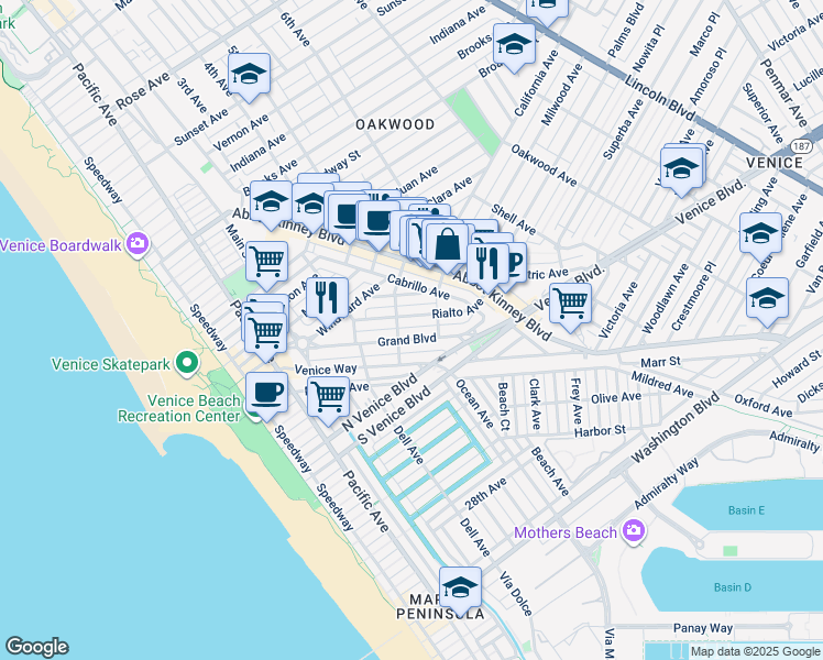 map of restaurants, bars, coffee shops, grocery stores, and more near 513 Grand Boulevard in Los Angeles