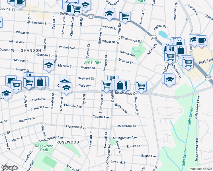 map of restaurants, bars, coffee shops, grocery stores, and more near 3706 Yale Avenue in Columbia