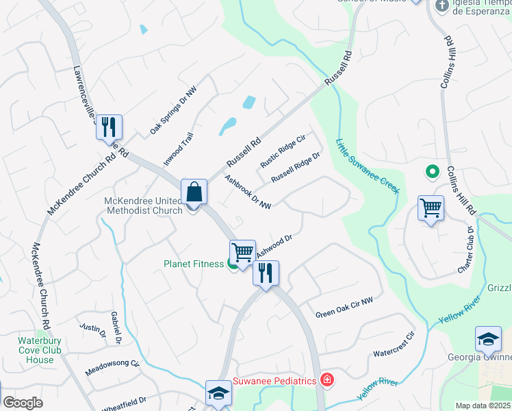 map of restaurants, bars, coffee shops, grocery stores, and more near 1490 Ashbrook Drive Northwest in Lawrenceville