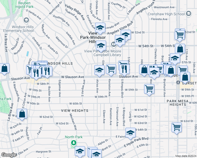 map of restaurants, bars, coffee shops, grocery stores, and more near 3956 West Slauson Avenue in Los Angeles