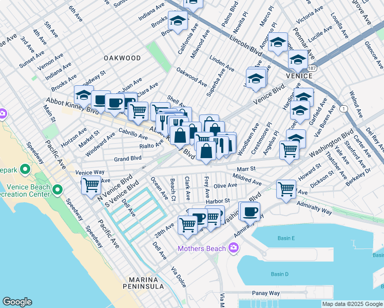 map of restaurants, bars, coffee shops, grocery stores, and more near 1735 Abbot Kinney Boulevard in Los Angeles