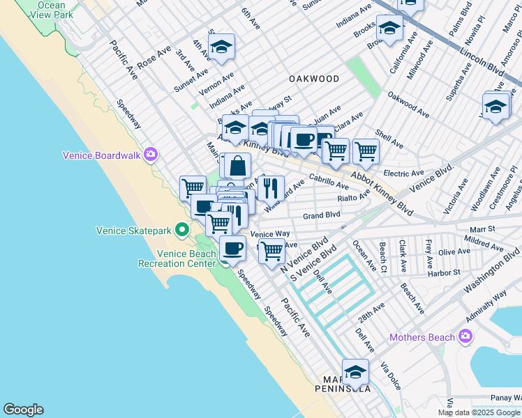 map of restaurants, bars, coffee shops, grocery stores, and more near 215 Windward Avenue in Los Angeles