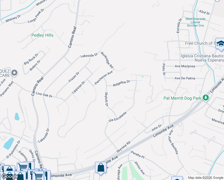 map of restaurants, bars, coffee shops, grocery stores, and more near 7308 Ridgeline Drive in Riverside