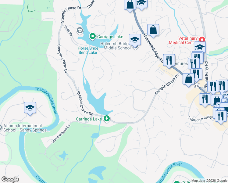 map of restaurants, bars, coffee shops, grocery stores, and more near 8570 Olde Pacer Pointe in Roswell