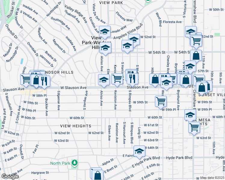 map of restaurants, bars, coffee shops, grocery stores, and more near 3908 West Slauson Avenue in Los Angeles