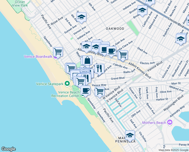 map of restaurants, bars, coffee shops, grocery stores, and more near 1501 Main Street in Los Angeles