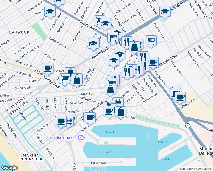 map of restaurants, bars, coffee shops, grocery stores, and more near 2700 Abbot Kinney Boulevard in Los Angeles