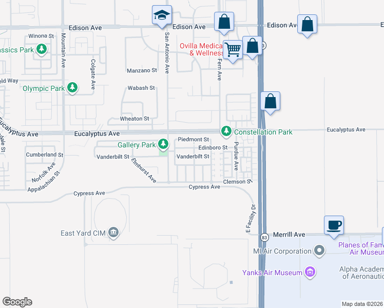 map of restaurants, bars, coffee shops, grocery stores, and more near 6792 Vanderbilt Street in Chino