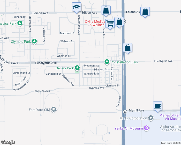 map of restaurants, bars, coffee shops, grocery stores, and more near 6792 Vanderbilt Street in Chino