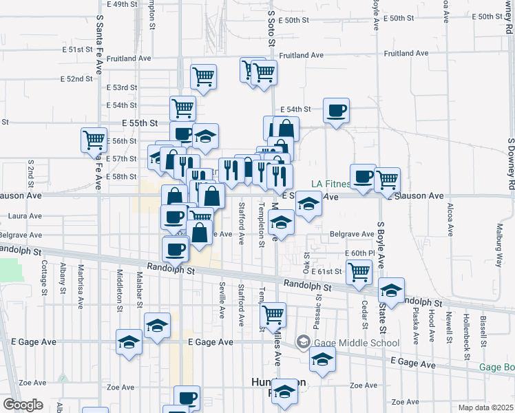 map of restaurants, bars, coffee shops, grocery stores, and more near 5921 Templeton Street in Huntington Park