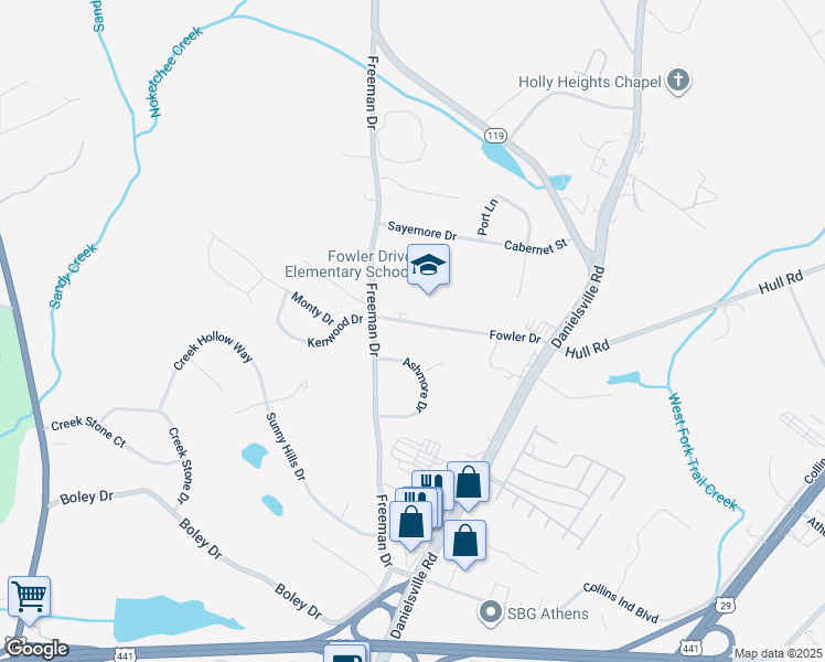 map of restaurants, bars, coffee shops, grocery stores, and more near 355 Fowler Drive in Athens