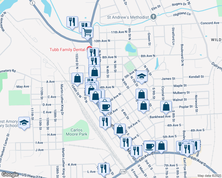 map of restaurants, bars, coffee shops, grocery stores, and more near 210 4th Street North in Amory