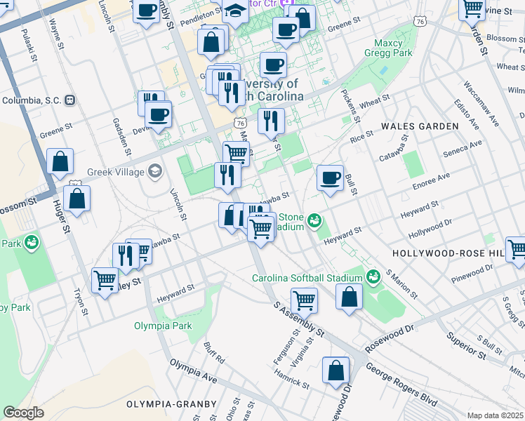 map of restaurants, bars, coffee shops, grocery stores, and more near 211 Main Street in Columbia