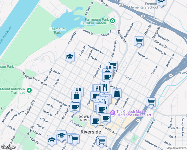 map of restaurants, bars, coffee shops, grocery stores, and more near 4003 3rd Street in Riverside