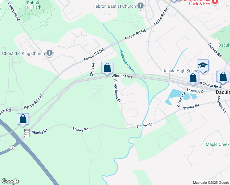 map of restaurants, bars, coffee shops, grocery stores, and more near 229 Village Broad Street in Dacula
