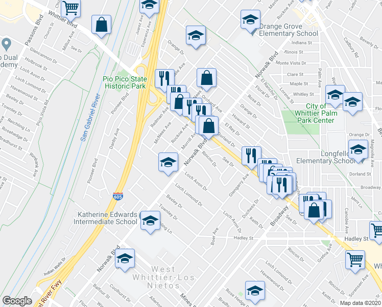 map of restaurants, bars, coffee shops, grocery stores, and more near 6121 Norwalk Boulevard in Whittier