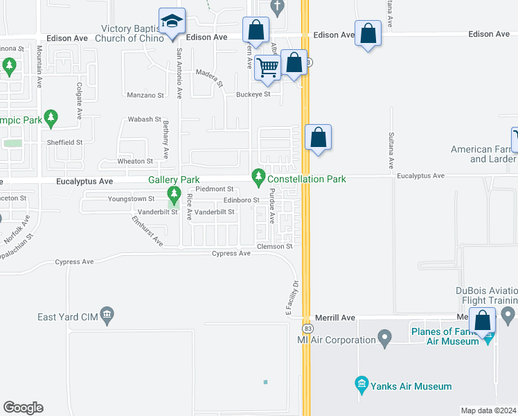 map of restaurants, bars, coffee shops, grocery stores, and more near 6939 Geneva Street in Chino