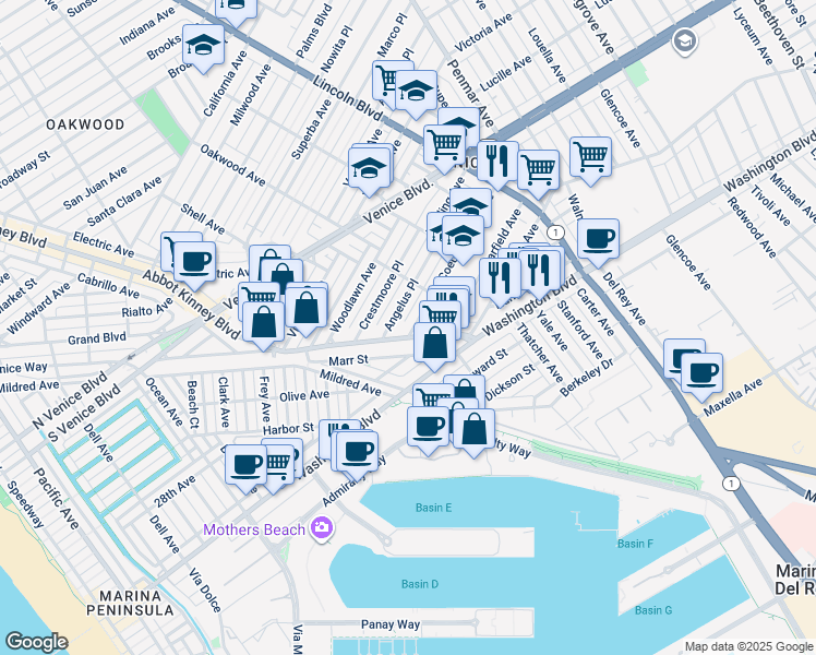 map of restaurants, bars, coffee shops, grocery stores, and more near 601 Coeur D Alene Avenue in Los Angeles