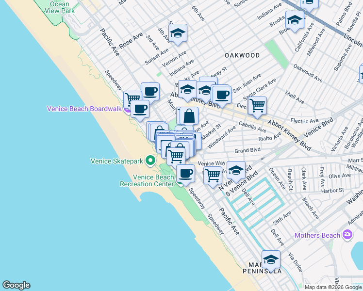 map of restaurants, bars, coffee shops, grocery stores, and more near 85 Market Street in Los Angeles
