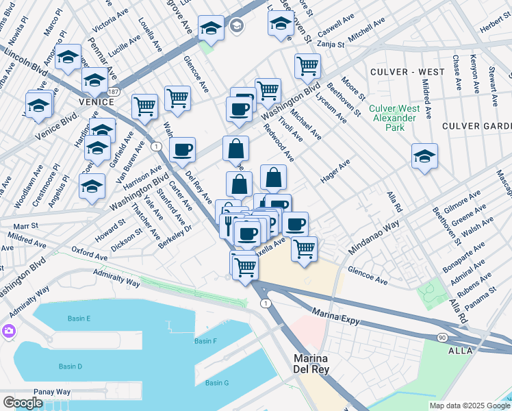 map of restaurants, bars, coffee shops, grocery stores, and more near 4141 Glencoe Avenue in Marina del Rey