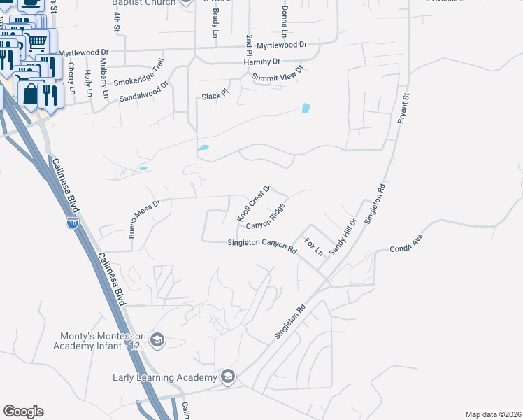map of restaurants, bars, coffee shops, grocery stores, and more near 108 Mesa Court in Calimesa