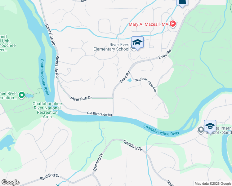 map of restaurants, bars, coffee shops, grocery stores, and more near 1680 Riverside Road in Roswell