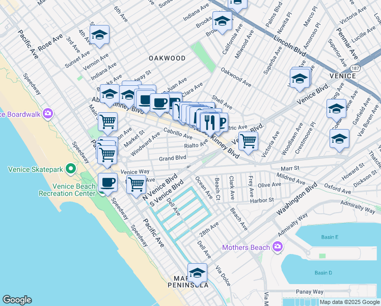 map of restaurants, bars, coffee shops, grocery stores, and more near 553 Grand Boulevard in Los Angeles