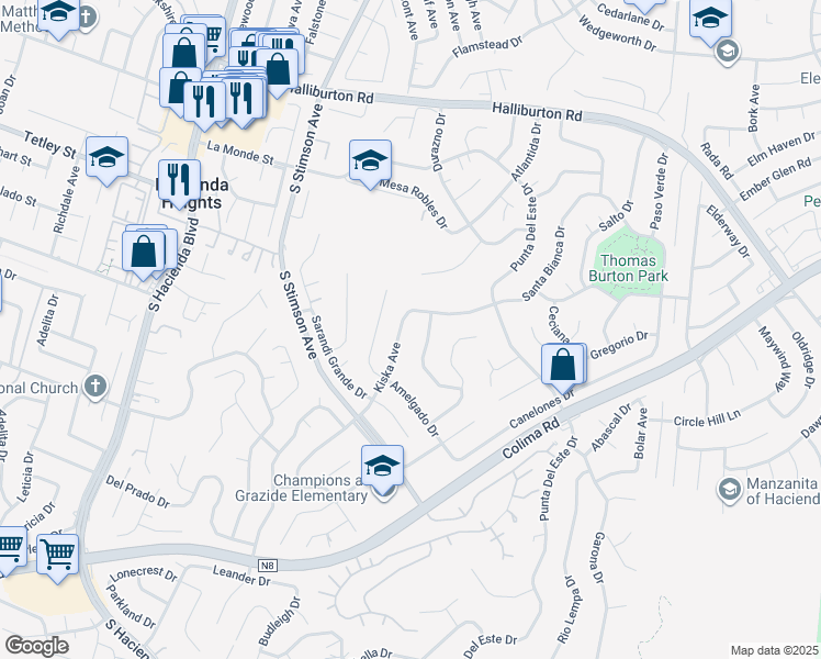 map of restaurants, bars, coffee shops, grocery stores, and more near 2424 Kiska Avenue in Hacienda Heights