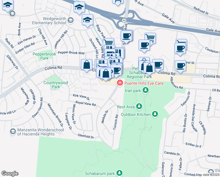 map of restaurants, bars, coffee shops, grocery stores, and more near 1905 South Azusa Avenue in Hacienda Heights