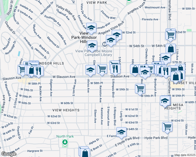 map of restaurants, bars, coffee shops, grocery stores, and more near 3908 West Slauson Avenue in Los Angeles