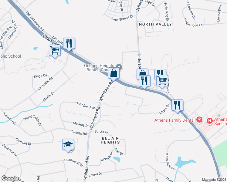 map of restaurants, bars, coffee shops, grocery stores, and more near 105 Whitehead Road in Athens